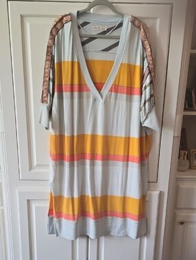 We The Free Light Blue Striped Dress with Mustard & Coral Accents